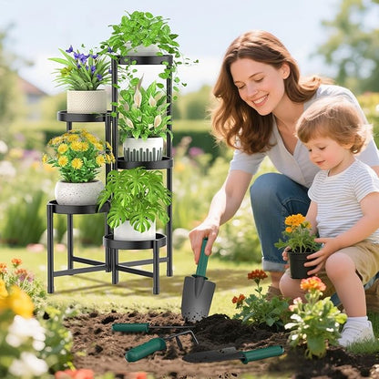 iDavosic.ly Plant Stand with Garden Tools, 5 Tier Corner Metal Flower Display Holder Shelf Indoor Outdoor, Easy Assembly Folding Tall Orchid Rack for Patio Balcony Porch Living Room House, Black