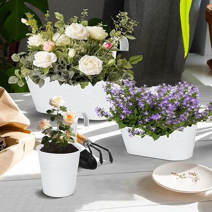 3 Different Size Metal Iron Hanging Flower Pots 10 Pcs for Outdoor Plants Metal Hanging Bucket Pots Iron Railing Fence Planter with Drainage Holes and Hooks for Porch Railing Balcony Fence (White)