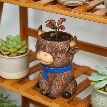 Cute Highland Cow Planter Pot - Shaggy Resin Succulent Pot with Drainage, Aesthetic Scottish Cow Flower Pot for Boho Home Decor, Desk, Patio | Unique Cow Gifts for Women, Mom, Plant Lovers (Brown)