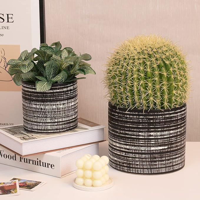 Plant Pots Indoor 2 Pack, 5 & 7 Inch Ceramic Planter Pots with Drainage Hole, Set of 2 Flower Pots - Herbs/Snake/Succulent/Orchid Cylinder Plant Pot(Black)