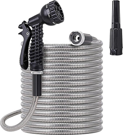 FOXEASE Metal Water Hose 25 ft - Stainless Steel Water Hose with 2 Nozzles, Lightweight, Tangle Free & Kink Free, Heavy Duty, High Pressure, Flexible, Dog Proof