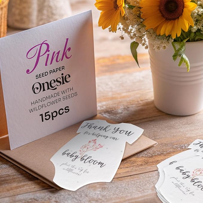 Onesie Seed Paper – 15 Pink Shower Favors for Guests with Wildflower Seeds, Writable & Plantable, Shower Favor Gifts for Guest