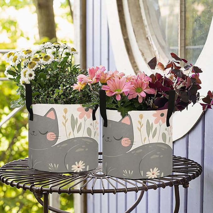 Fabric Plant Grow Bags Cartoon Grey Cat, 3Gallon Cloth Planting Pouch Flower Pot Thickened for Garden Vegetable Flower Planting