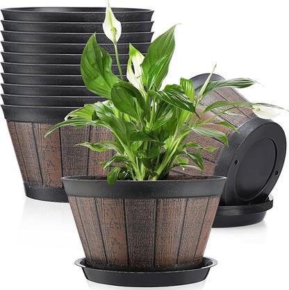 Layhit 10 Pack 9.8 Inch Whiskey Barrel Planter Flower Pot Plant Pots with Drainage Holes and Saucers Garden Planter Imitation Wine Design Plastic Barrel for Indoor Outdoor Plants Garden (Coffee Brown)
