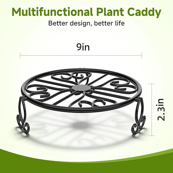 3-Pack Wrought Iron Plant Stands for Outdoor & Indoor Use, Heavy Duty Rustproof Metal Pot Stand Holder, Single Short Round Black Base for Patio Garden Porch Plants Flower Pots Planter Riser 9Inch