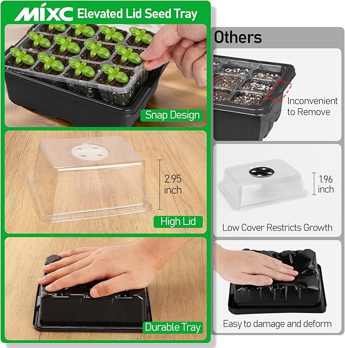 MIXC Seed Starter Tray with Elevated Lid, 120 Cells Seed Starter Kit with Adjustable Humidity Dome, Drainage Hole, Clear Heightened Lids for Indoor Outdoor Greenhouse Gardens, 10 Pack, Black