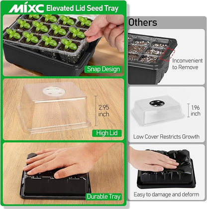 MIXC Seed Starter Tray with Elevated Lid, 120 Cells Seed Starter Kit with Adjustable Humidity Dome, Drainage Hole, Clear Heightened Lids for Indoor Outdoor Greenhouse Gardens, 10 Pack, Black
