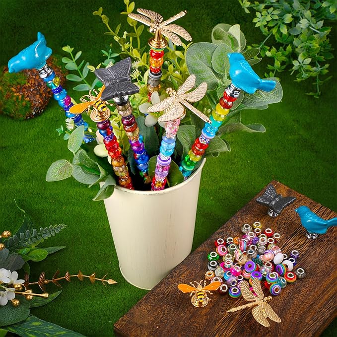 Tigeen 236 Pcs Garden Stake DIY Fairy Wand Plant Stake with 12 Colorful Crystal Stopper Top 12 Threaded Rod with 200 Large Hole Bead for Spring Summer Holiday Outdoor Decorations(Dragonfly Bird Bee)