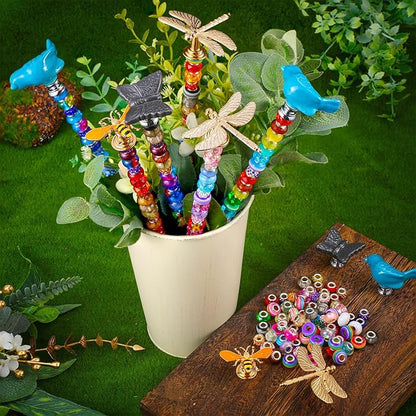 Tigeen 236 Pcs Garden Stake DIY Fairy Wand Plant Stake with 12 Colorful Crystal Stopper Top 12 Threaded Rod with 200 Large Hole Bead for Spring Summer Holiday Outdoor Decorations(Dragonfly Bird Bee)