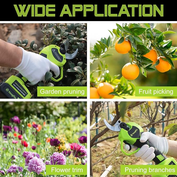 Electric Pruning Shears, Yougfin 1.12" Wood Ranger Power Shear with 2 * 20V Batteries Powered Pruning Shears for Gardening Power Pruners Cordless with SK5 Replacable Blade Effortless Safe System