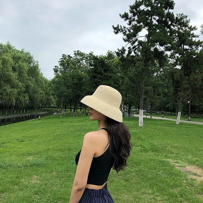 Wide-Brim Classic Elegant Style Foldable Straw Hat Women's Retro UV Resistant Sun Hats for Outdoor, Beach and Travel
