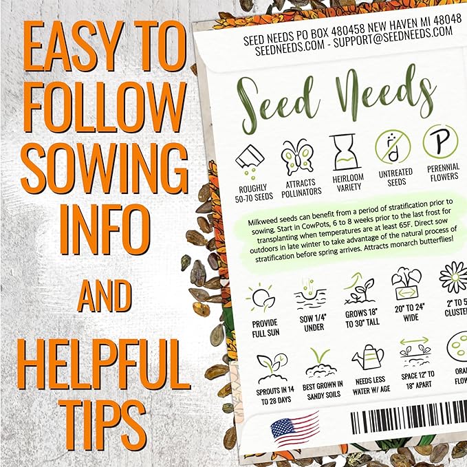 Seed Needs Milkweed Seeds for Planting a Butterfly Garden to Attract Monarch Butterflies - Collection of Pink, Orange & White Asclepias Milk Weed Variety Pack (5 Packs)