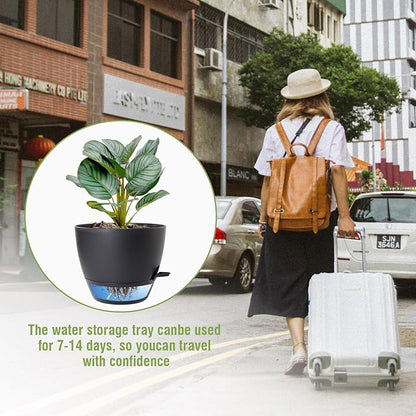 8 inch Self Watering Pots, 2 Pack Plastic Planters with Mesh Drainage Holes for Garden Plants and Flower, Plants Pots with Deep Reservoir for Indoor Outdoor Plants, Black