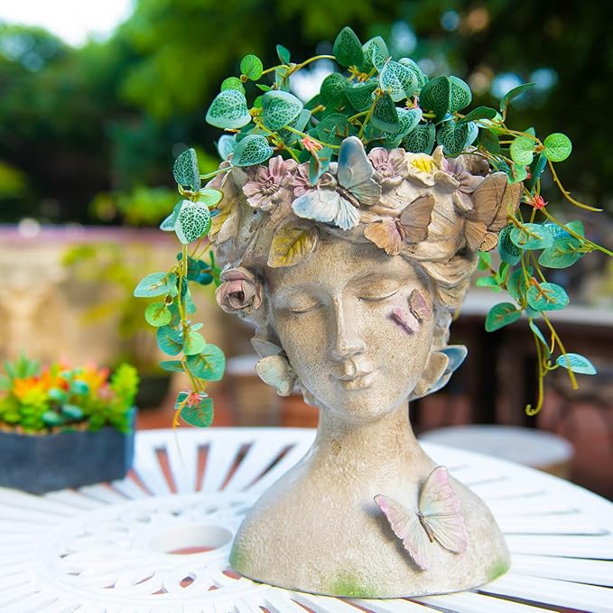 Face Flower Pot Head-Planters Succulent - 10 Inch Garden Resin Face Planter with Drainage Hole for Indoor and Outdoor Plant 7.75 * 6.75 * 10 Inch
