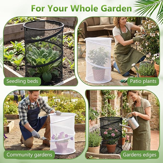 5 Pack Pop Up Plant Covers from Animals (3 Black 2 White) 13''D x 20''H Mesh Plant Covers with 24 Stakes 36 Color Labels, Plant Protector from Insects for Vegetables, Flowers, Seedlings