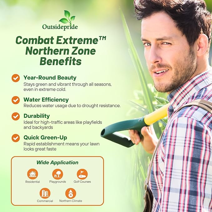 Outsidepride Combat Extreme Northern Zone - 25 Lbs Cold-Hardy, Drought-Resistant Turf Type Tall Fescue & Kentucky Bluegrass Lawn Grass Seed Blend, OptiGrowth Coated for Better Establishment