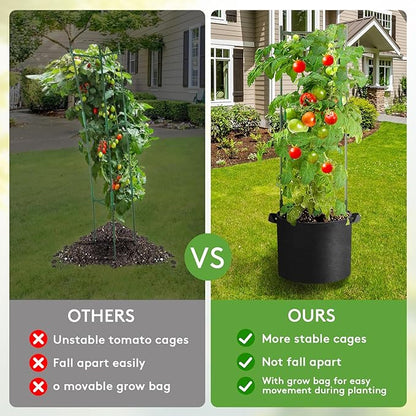 3 Pack Tomato Cage with 10 Gallon Grow Bags, 48" Height Adjustable Tomato Trellis with 65Ft Twist Tie, Heavy Duty Tomato Cages for Garden Flowers Vegetables Climbing Plants