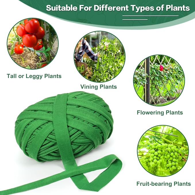 2 Pack Garden Twine, 196 Feet Stretchy Tomato Twine String, Green Cloth Plant Ties for Climbing Plants, Tomatoes, Fruit Trees, Gardeners (98 Feet/Roll)