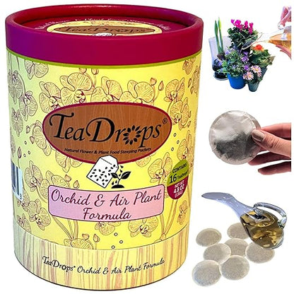 TeaDrops Organic Orchid + Bromeliad + Air Plant Fertilizer – 16 Liquid Indoor House Plant Food Packets – Make up to 32 Gallons (Easy use in Watering Can & Containers, Ecofriendly)