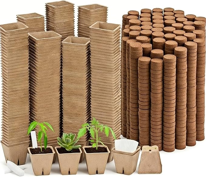 500 Sets Seedling Starter Kit with Square Peat Pots 2.36", Organic Coco Coir Pellets 30 mm, Labels, & Transplant Tools, Biodegradable Nursery Pot with Drainage Hole Potting Soil for Plant
