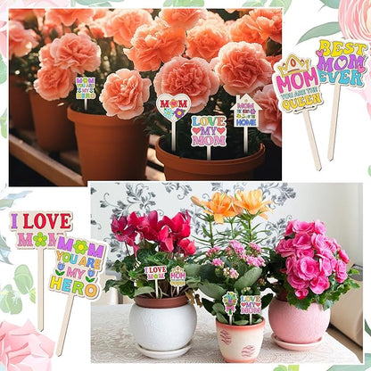 15 Pcs Mother's Day Crafts Mom Plant Stakes Craft Kits Color Your Own Best Mom Plant Labels Gift DIY Unfinished Cutouts Present Tags for Mother's Day, Gardeners, Funny Gardening Gifts