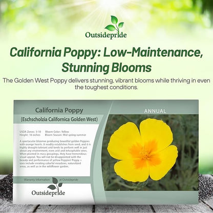 Outsidepride Golden West California Poppy Seeds - 10000 Pieces Annual, Drought Tolerant Eschscholzia Wildflower Seed w/Vibrant Yellow Blooms for Pollinator-Friendly Garden & Outdoor Landscapes