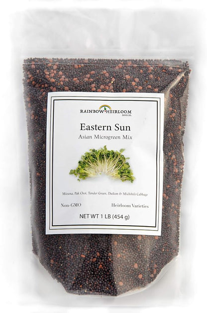 Eastern Sun Asian Microgreen Seeds Mix | Contains Mizuna, Pak Choi, Cabbage, Mustard & Radish Sprout Seeds | Non GMO Heirloom Seeds | Bulk 1 LB Resealable Bag | Rainbow Heirloom Seed Co.