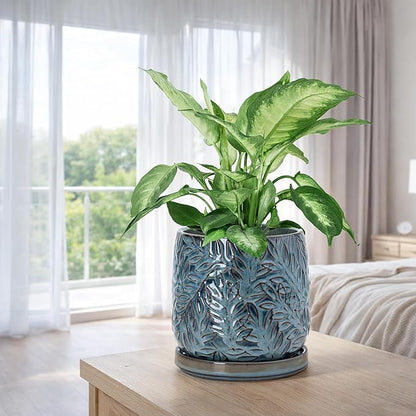 D'vine Dev 6 Inch Embossed Leaves Stoneware Planter Pot with Drainage Hole and Saucer, Ocean Teal, 27-A-X-8