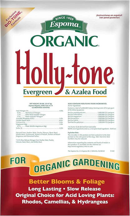 Espoma Organic Holly-Tone 4-3-4 Natural & Organic Evergreen & Azalea Plant Food; 50 lb. Bag; The Original & Best Fertilizer for All Acid Loving Plants Including Rhododendrons & Hydrangeas.
