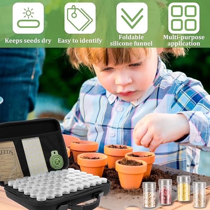 60 Slots Seed Storage Organizer Box with 7 Envelopes, 63 x Label Stickers Garden Seed Organizer with Zipper Bag Storage Container for Vegetable Flower Plants Garden (Black)
