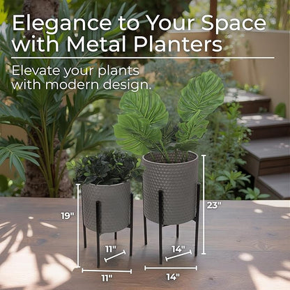 Decorative Flower Pots with Metal Stand for Home Decor - Modern Planters for Hallway, Entryway, and Living Room Decor - Indoor and Outdoor Pots for Plants - Set of 2, 23", 19", Gray & Black