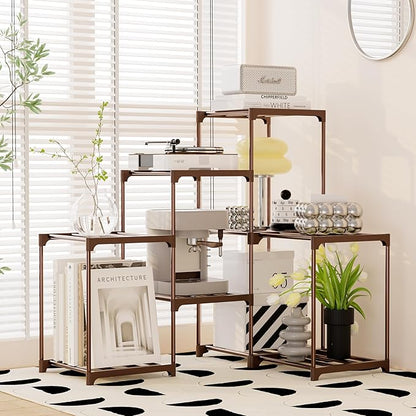 Plant Stand Indoor Outdoor Plant Shelf Stand, 3 Tiers 9 Pots Large Potted Metal Flower Plant Rack for Multiple Plants, Hanging Tall Planter Holder for Patio Balcony Living Room Corner Porch Garden Boho Decor Brown