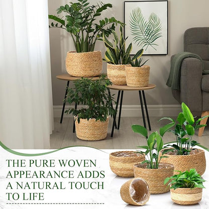 Sieral 5 Pcs Seagrass Hand Woven Planter Basket Large Plant Pots Indoor Flower Pots Cover, 12+10+8+7+6 Inch Storage Planter Containers with Plastic Liners
