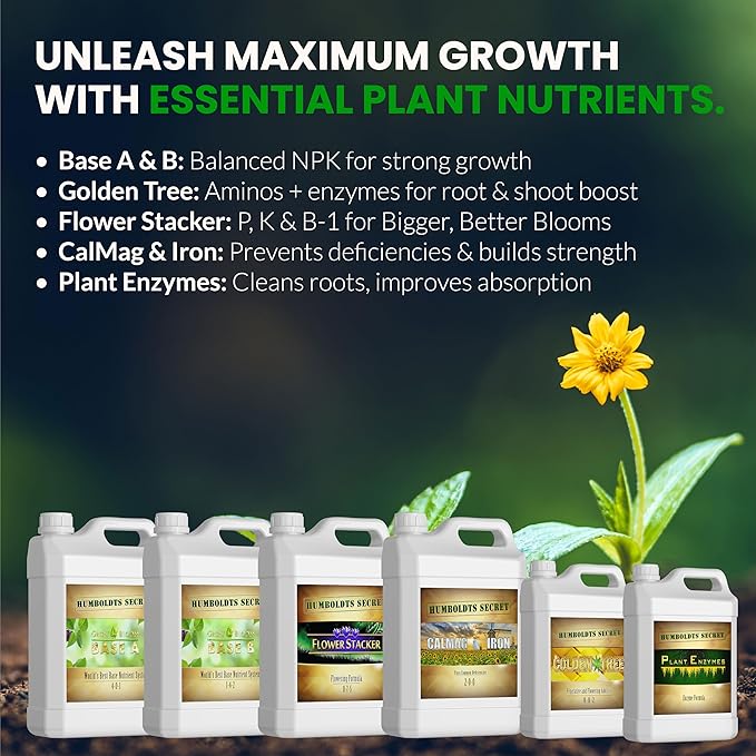Humboldts Secret Starter Kit Pack XL | Indoor and Outdoor Plant Fertilizer and Hydroponic Nutrients | Base A & B, CalMag and Iron, Golden Tree, Flower Stacker, Plant Enzymes | Complete Garden System