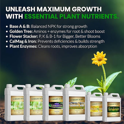 Humboldts Secret Starter Kit Pack XL | Indoor and Outdoor Plant Fertilizer and Hydroponic Nutrients | Base A & B, CalMag and Iron, Golden Tree, Flower Stacker, Plant Enzymes | Complete Garden System