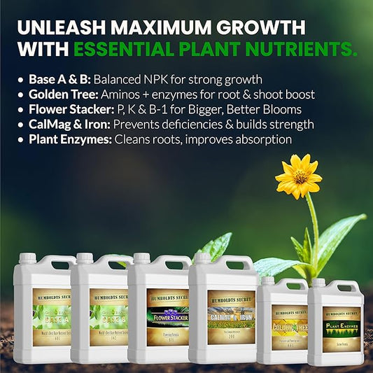Humboldts Secret Starter Kit Pack XL | Indoor and Outdoor Plant Fertilizer and Hydroponic Nutrients | Base A & B, CalMag and Iron, Golden Tree, Flower Stacker, Plant Enzymes | Complete Garden System