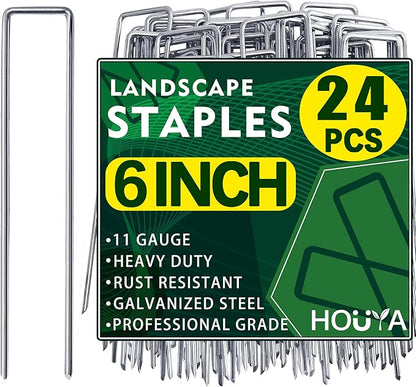 24 PCS Landscape Staples 6 Inch Galvanized Garden Stakes Garden Staples Pins Anti-Rust Ground Stakes for Weed Barrier, Irrigation Hose, Yard Lawn SOD, Landscape Fabric, Decor 6" L x1.2 W 24 pcs