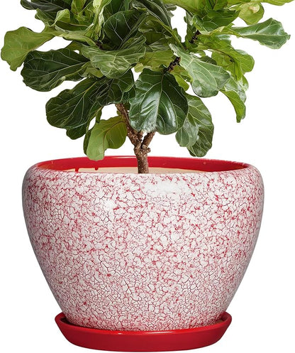 10 Inch Pots for Plants - Ceramic Planter Pots for Indoor Outdoor Plants, Decorative Planter with Drainage Hole and Saucer, Modern Flower Pot, House Decor, Plant Lover Gifts, Crackle Red