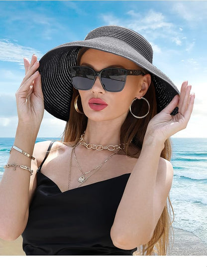 Womens Beach Straw Sun Hats Ponytail Hole Wide Brim Summer Visor Foldable Hat Sun Protection Packable for Travel Pool
