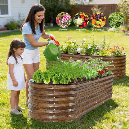 ZORMY Galvanized Raised Garden Bed Outdoor- 6x2x1.4ft Oval Steel Raised Beds for Gardening, Metal Planter Box with Protective Strip and Gloves for Vegetables, Flowers, Fruits (Brown)