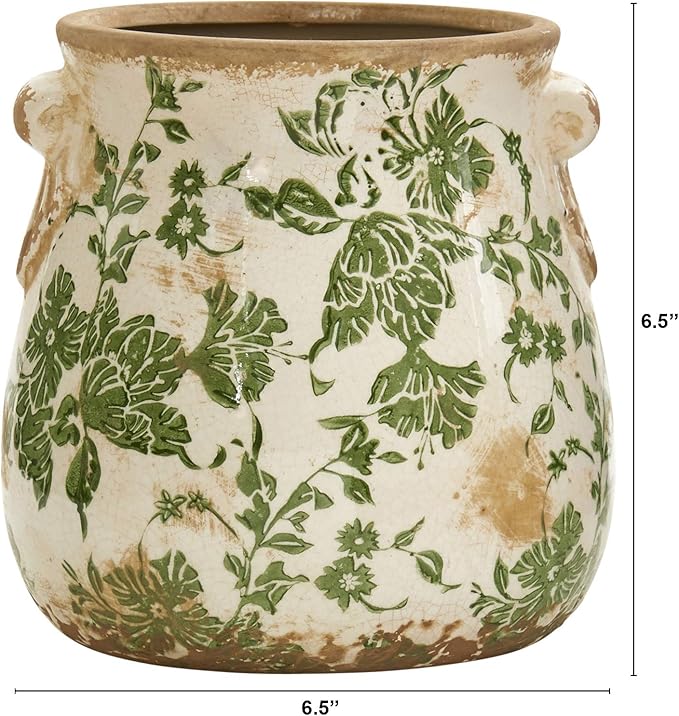 Nearly Natural 6.5in Ceramic Decorative Vase, Tuscan Style Green Floral Scroll Design For Indoor Home Shelf Table Decor