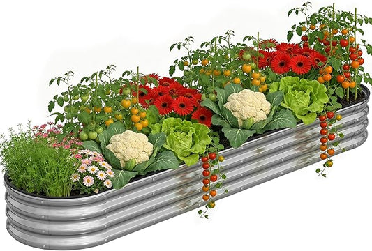 Galvanized Metal Raised Garden Bed Kit for Outdoor Planter Boxes with Easy Assembly,Oval Large Galvanized Gardening Raised Bed for Vegetables, Fruits, Flower (Silver, 8 * 2 * 1ft)