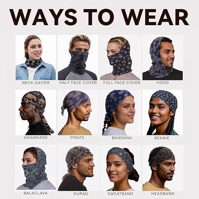 6-Pack Balaclava Face Mask for Men & Women - UV Protection Neck Gaiter, Multi-Use Cycling Mask & Breathable Headband