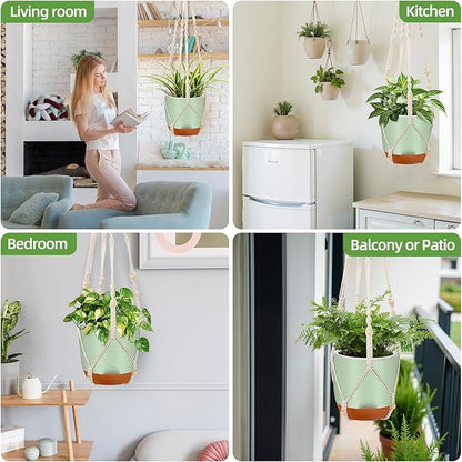 2-Pack Self-Watering Hanging Planters for Indoor & Outdoor Plants,34-Inch macrame hanger plant pots indoor with drainage,5.7-Inch Small Hanging Planters & Baskets in Green,With two sets of hooks