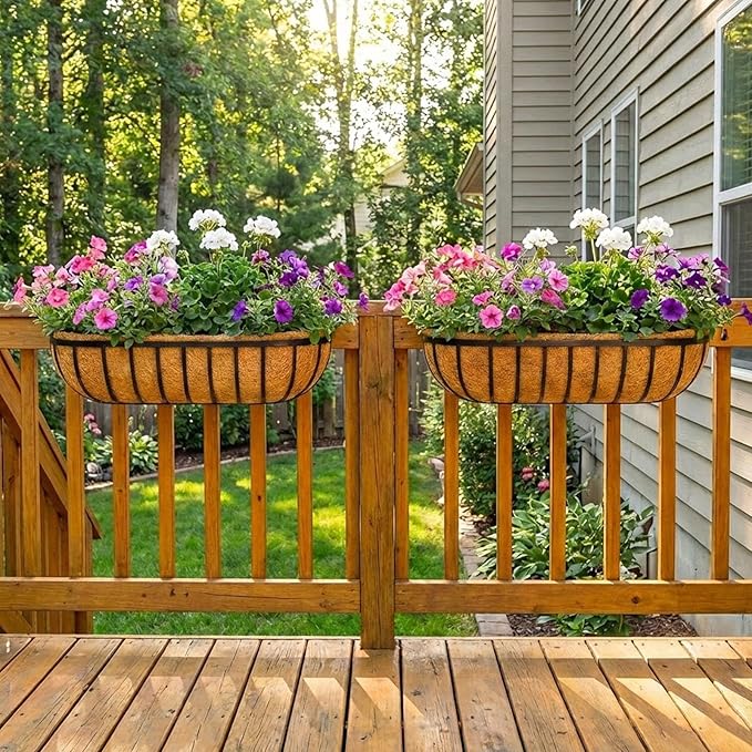 36 Inch Railing Planter Boxes 2 Pack Metal Window Box Planters with Coco Coir Liners, Horse Trough Planter with Adjustable Brackets for Deck Balcony Fence Porch Patio Outdoor Garden