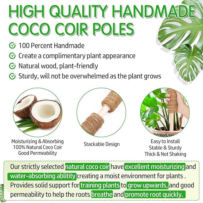 4 Pack 21.7" Coco Coir Poles, Stackable Plant Stakes Moss Pole for Plant Monstera with Twist Ties Plant Ties Labels Jute Rope, Plant Sticks Support for Climbing Plants Growth Indoor