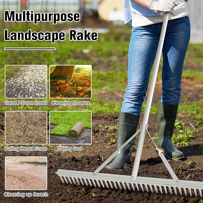 Goplus Landscape Rake 36 Inch, Aluminum Rake Head w/36 Tines and 68" Long Non-Slip Handle, Yard Rake Tool for Loosening & Leveling Soil, Beach Garden Lawn Care, Collecting Leaves