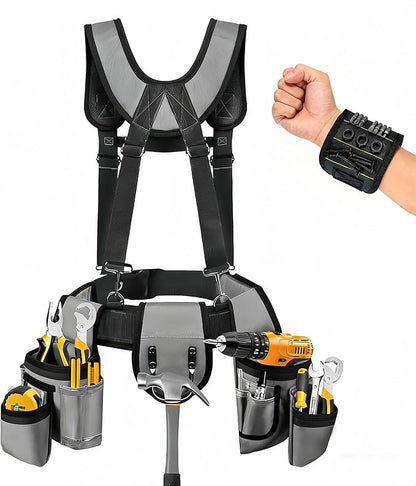 Tool Belt with Suspenders, Tool Belts for Men, Magnetic Wristband & Detachable Pouch – Heavy Duty Adjustable Belt for Electricians, Carpenters, DIY, Construction,Gift (Gray, Universal)