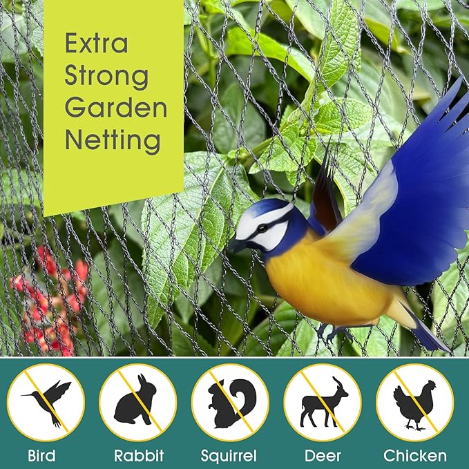 Bird Netting for Garden - 13 x 16.4 FT Heavy Duty Anti Bird Netting Mesh with Ties and Landscape Staples for Vegetable, Fruit Trees & Other Plants, Lasting Against Birds Deer Squirrels and Poultry