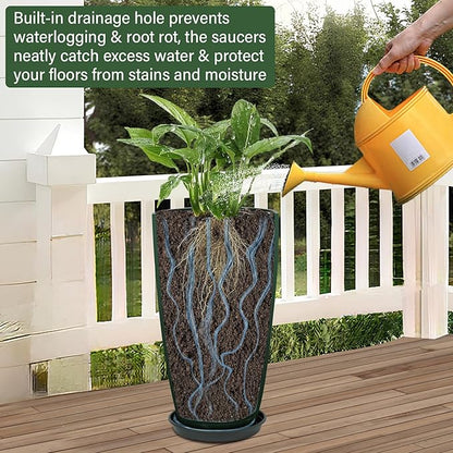 Set of 2 Lightweight Ceramic-Look Tall Planter, 21 inch Large Plastic Planter with Drain Hole & Saucers, Large Outdoor Planters for Porch, Garden, Patio, Balcony(Dark Green)